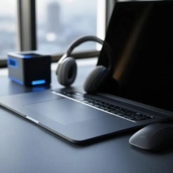 Stanowisko pracy z laptopem, myszą, torbą i dodatkowymi akcesoriami