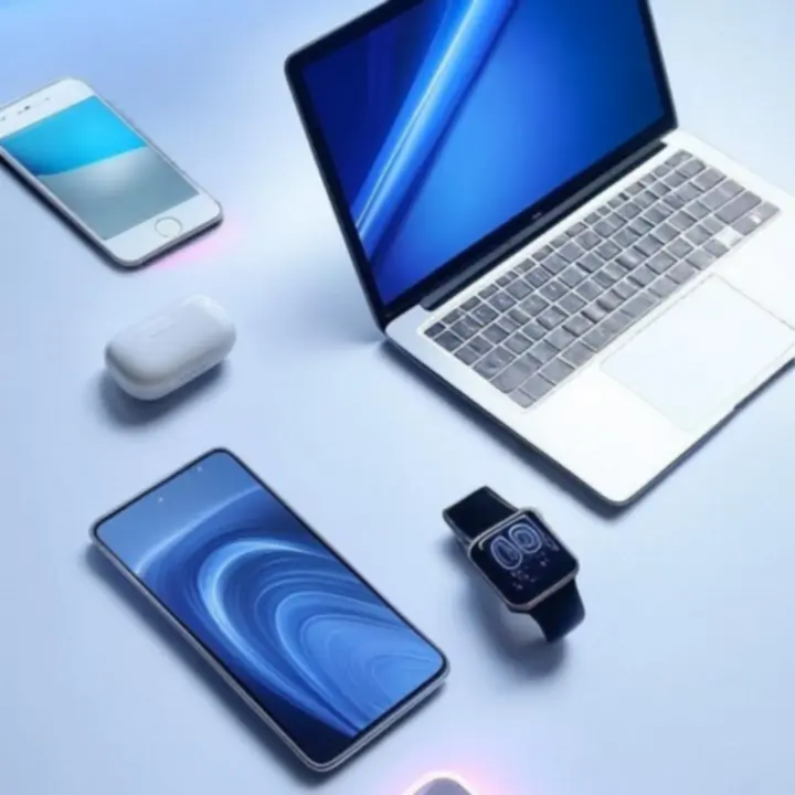 Zestaw najczęściej kupowanych urządzeń elektronicznych na ciemnym tle