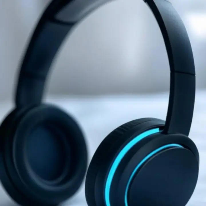 Czarno‑niebieskie słuchawki Bluetooth na ciemnym tle