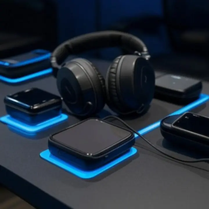 Bezprzewodowe słuchawki na biurku obok sprzętu elektronicznego