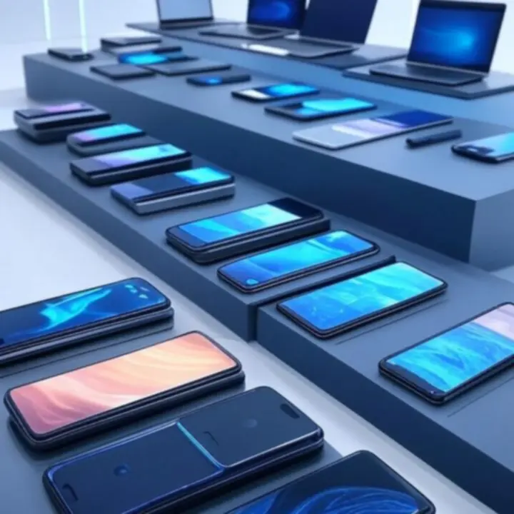 Nowoczesne urządzenia elektroniczne – smartfony, laptopy i gadżety w minimalistycznym, futurystycznym otoczeniu