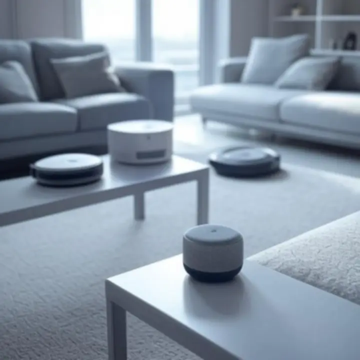 Nowoczesne gadżety domowe rozmieszczone na stole w jasnym wnętrzu